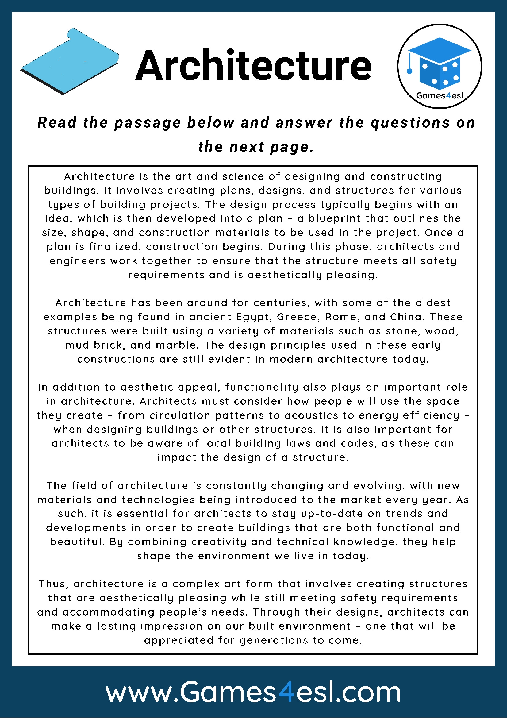 Architecture Reading Comprehension Worksheet Games4esl