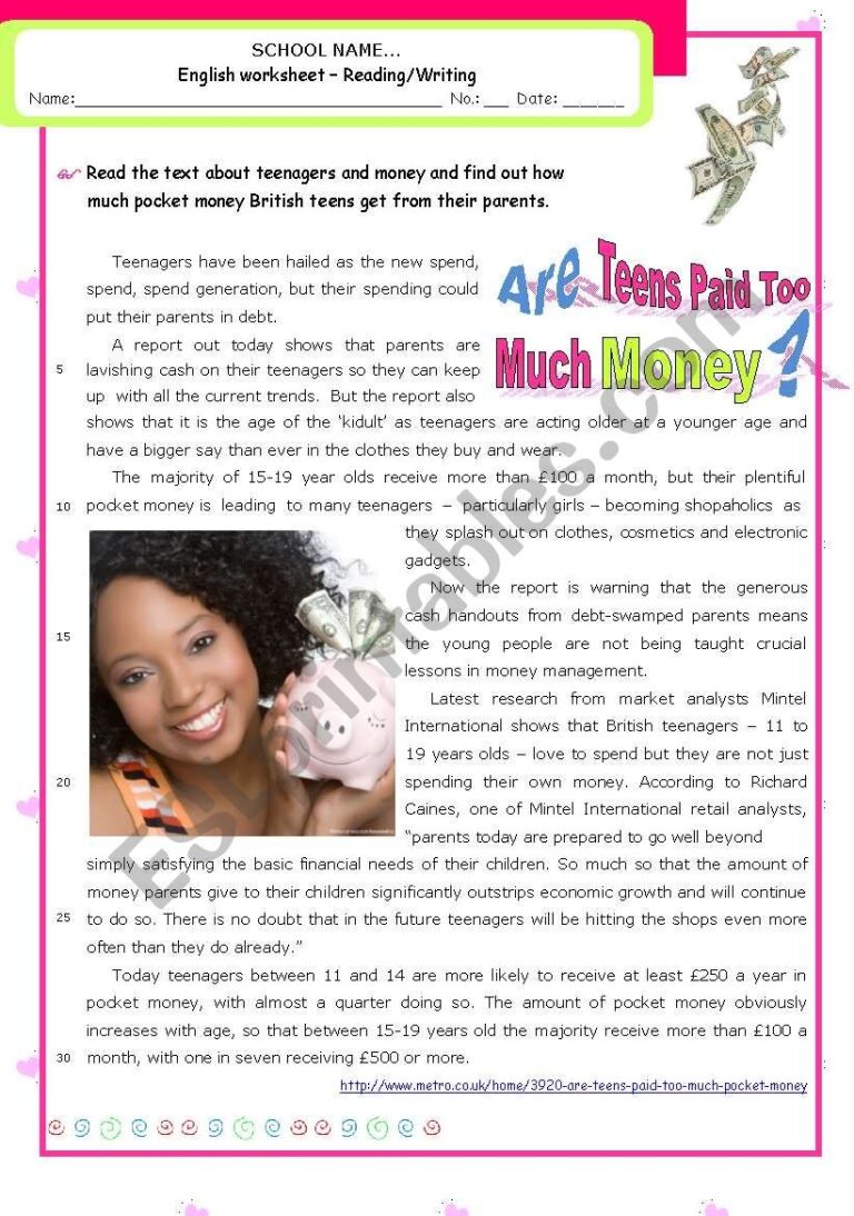 Are Teens Getting Too Much Pocket Money Reading Comprehension ESL Worksheet By Mena22