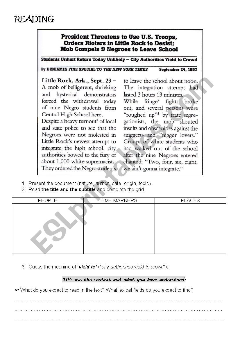 Article The Little Rock Nine ESL Worksheet By Madamev