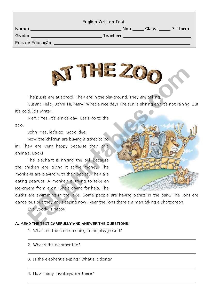 Zoo Reading Comprehension Worksheet