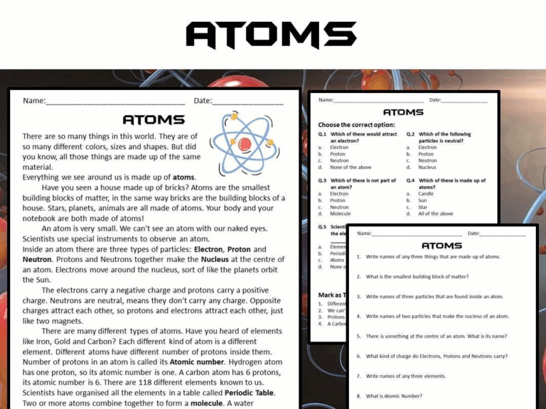 Atoms Reading Comprehension Passage And Questions PDF Teaching Resources