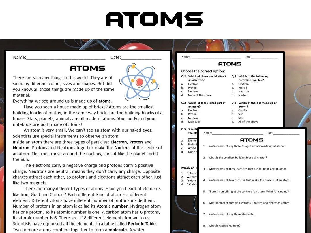 Atoms Reading Comprehension Passage And Questions PDF Teaching Resources
