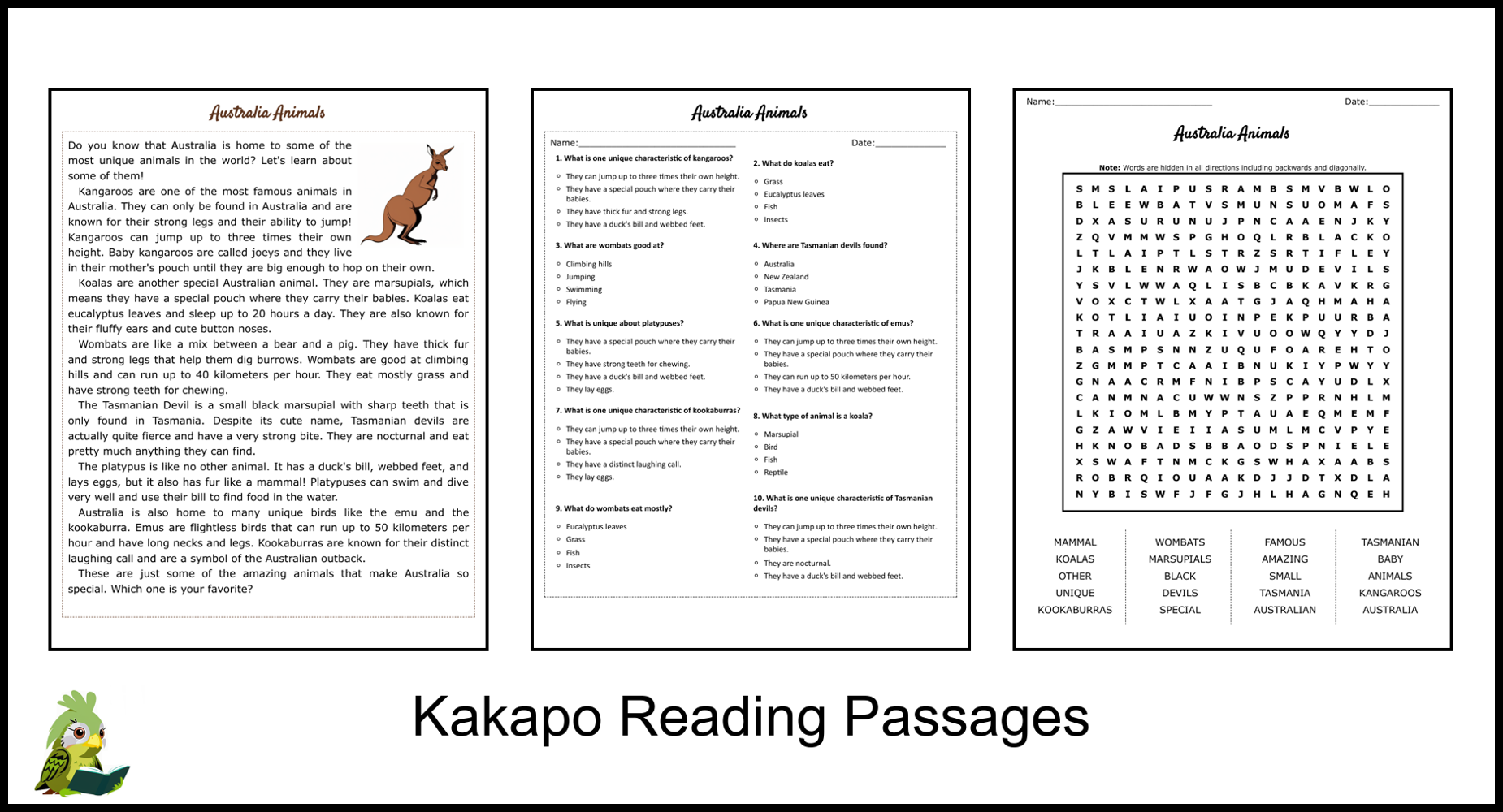 Australia Animals Reading Comprehension And Word Search Teaching 