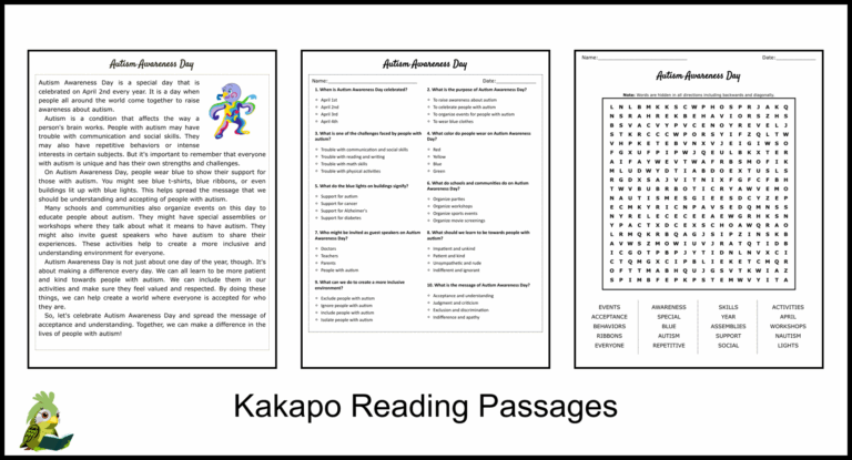 Autism Awareness Day Reading Comprehension And Word Search 