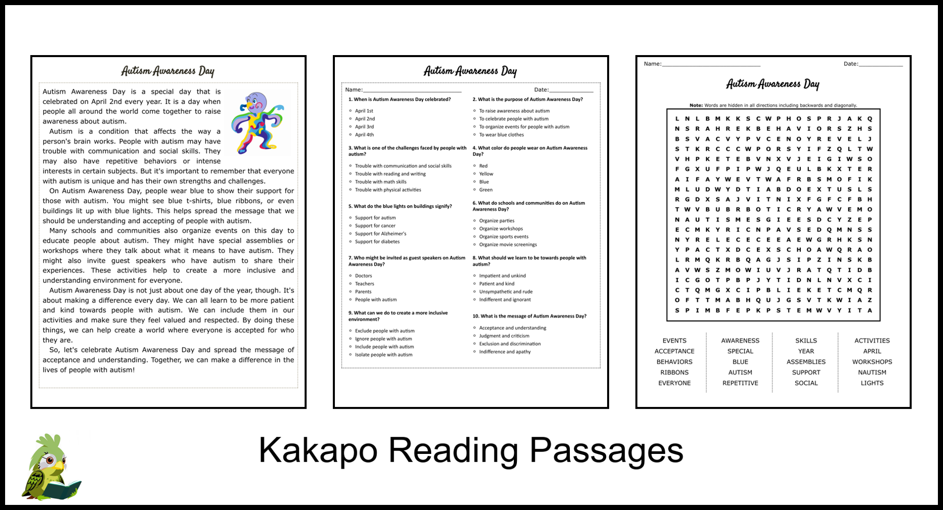 Autism Awareness Day Reading Comprehension And Word Search 