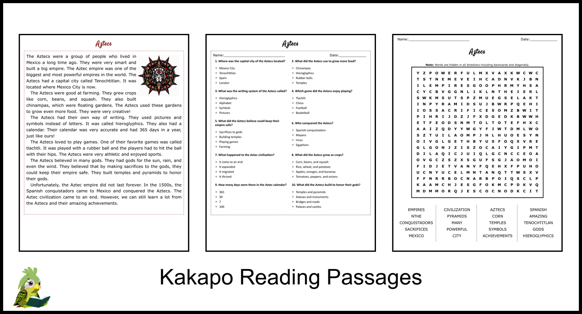 Aztecs Reading Comprehension And Word Search Teaching Resources