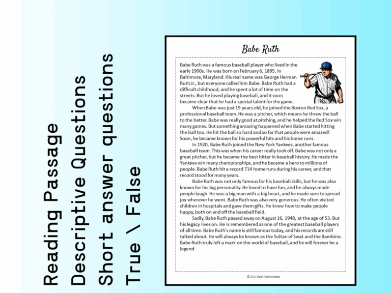 Babe Ruth Biography Reading Comprehension Passage Printable 