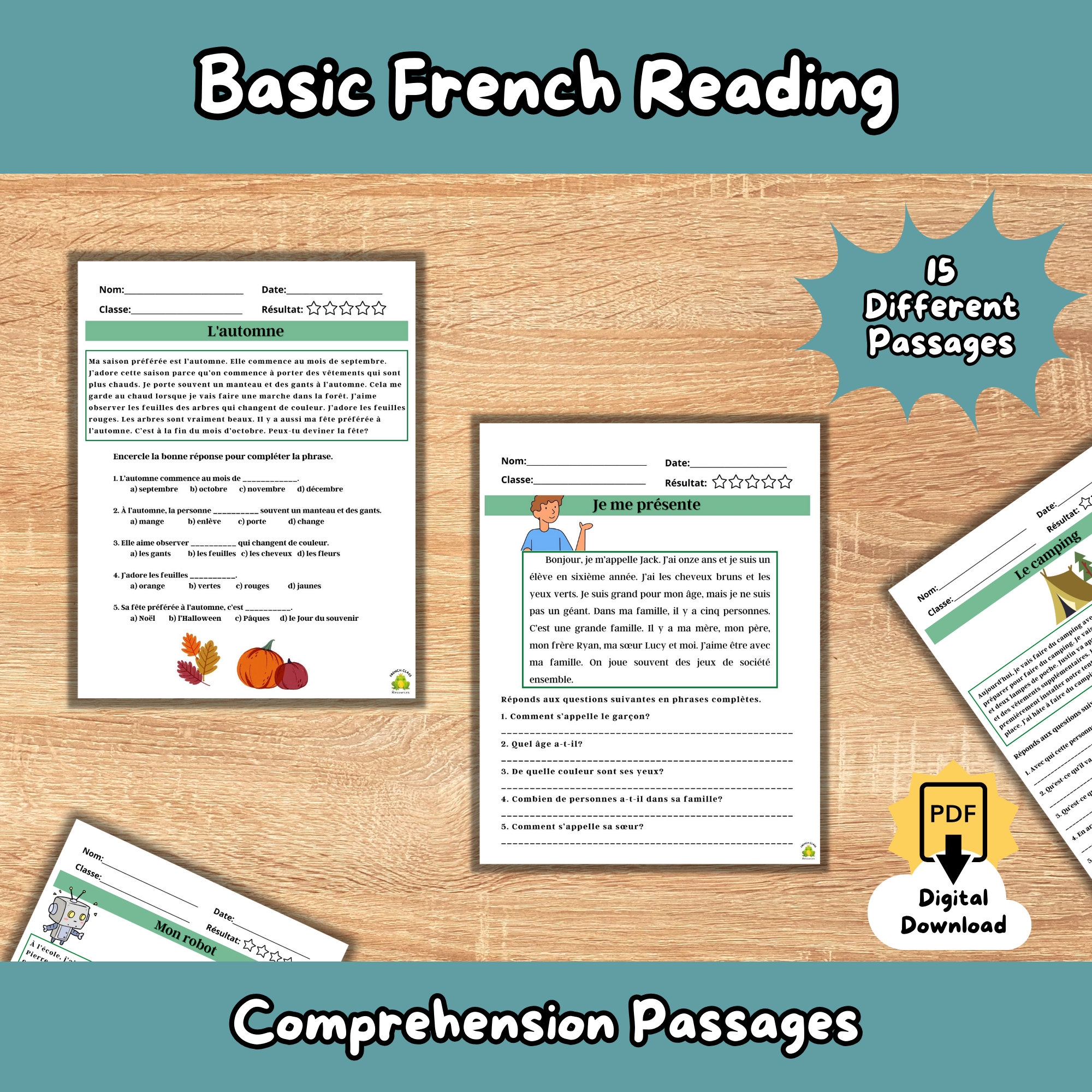 Basic French Reading Comprehension french Learning Classroom 