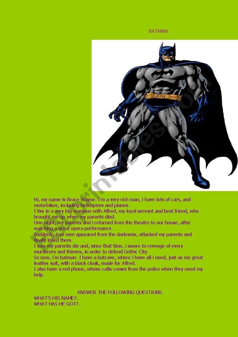 Batman Reading Comprehension ESL Worksheet By 1939
