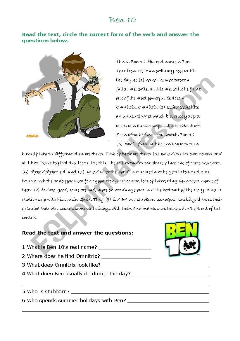 Ben 10 Reading Comprehension Simple Present Tense ESL Worksheet By Veljaca82
