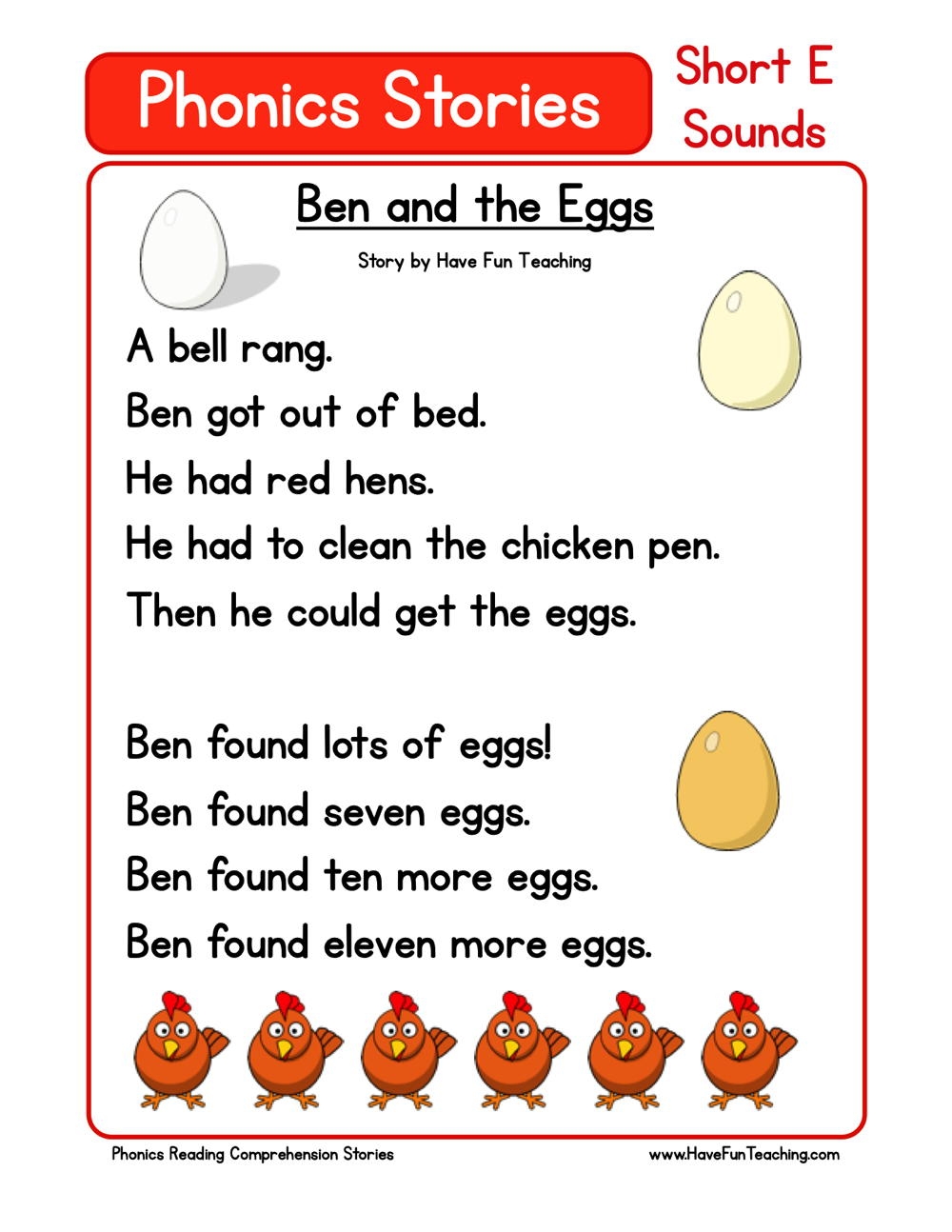 Ben And The Eggs Phonics Reading Comprehension Story Worksheet 