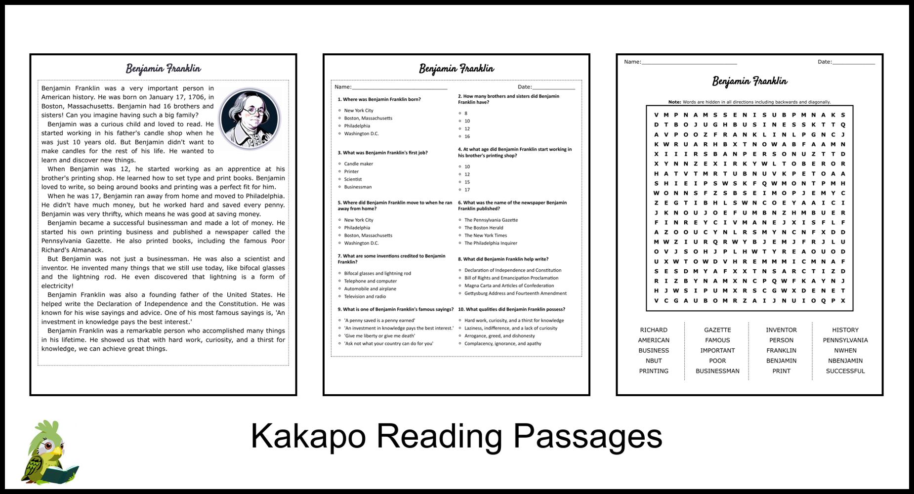 Benjamin Franklin Reading Comprehension And Word Search Teaching 