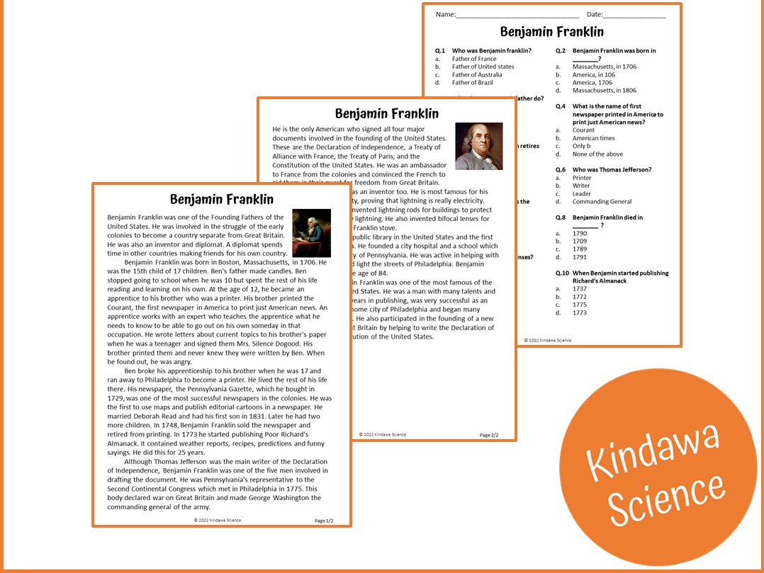 Benjamin Franklin Reading Comprehension Passage And Questions 