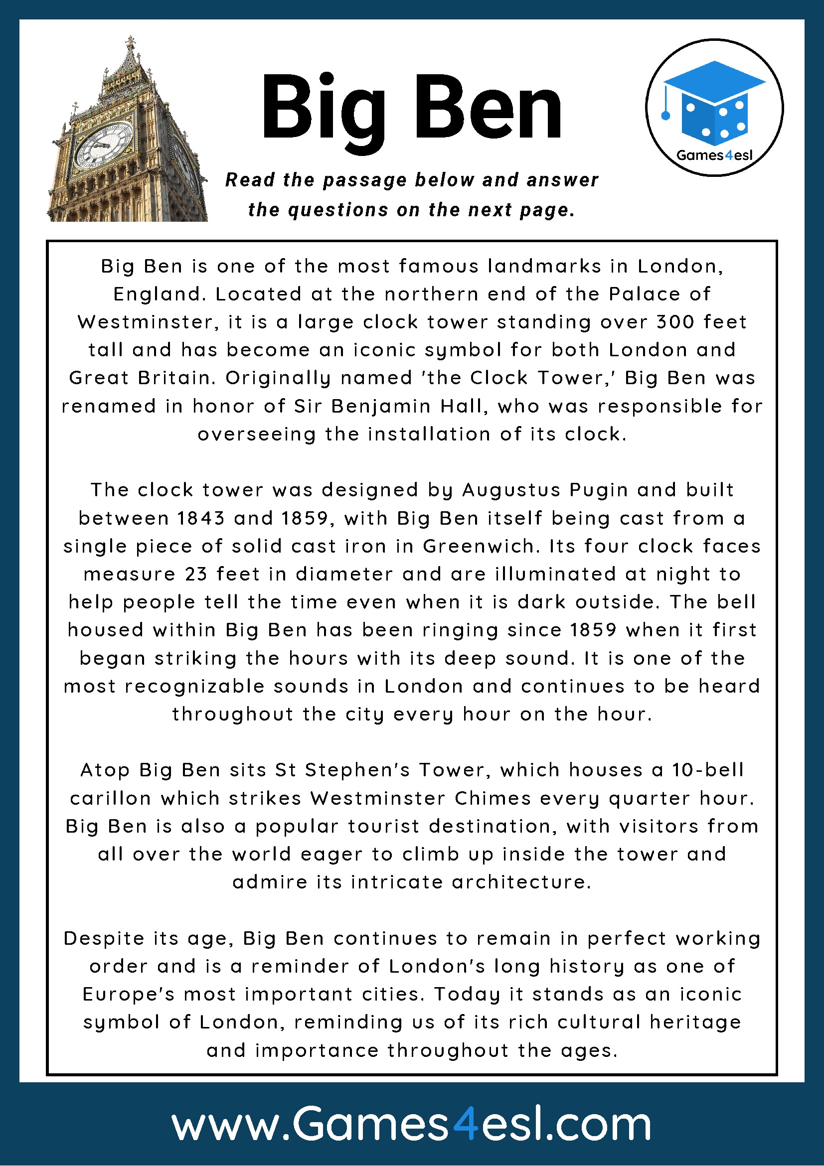 Big Ben Reading Comprehension Worksheet Games4esl