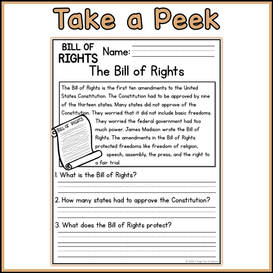Bill Of Rights Social Studies Reading Comprehension Passages K 2 