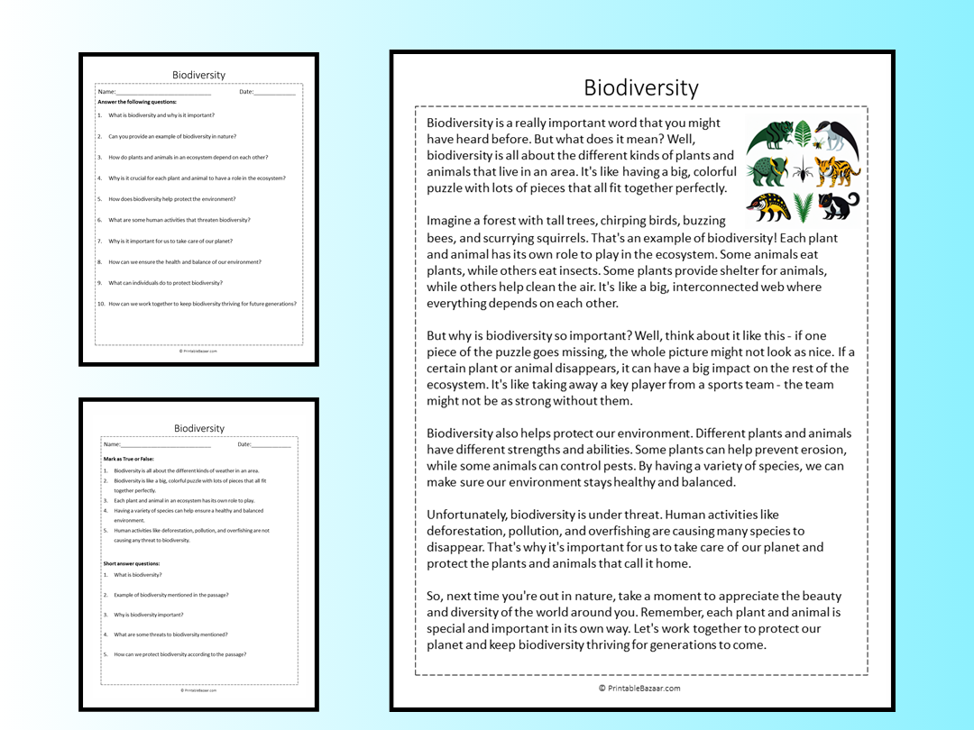 Biodiversity Reading Comprehension Passage Printable Worksheet Teaching Resources