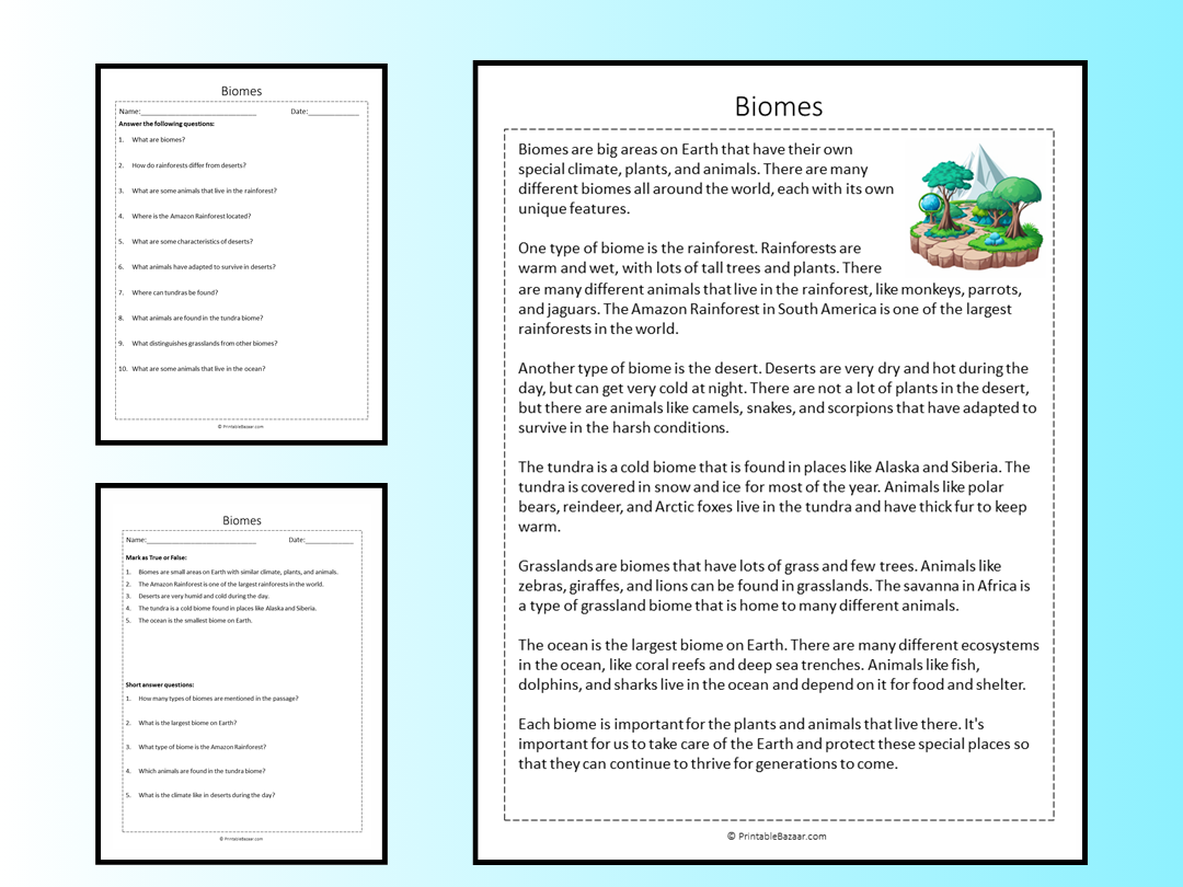 Biomes Reading Comprehension Passage Printable Worksheet 