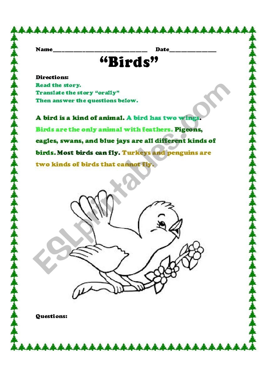 Birds Reading Comprehension ESL Worksheet By Kineshamolinab