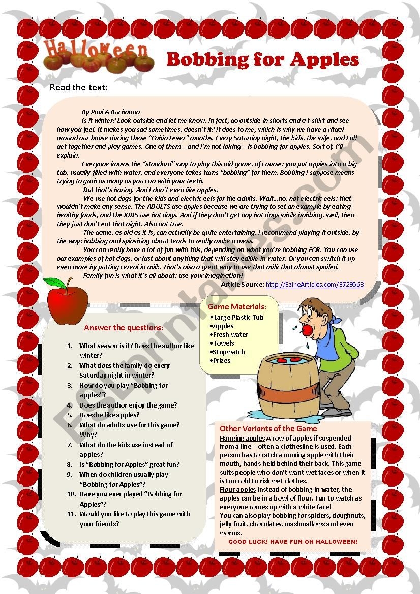Bobbing For Apples reading Comprehension ESL Worksheet By OlgaPrih
