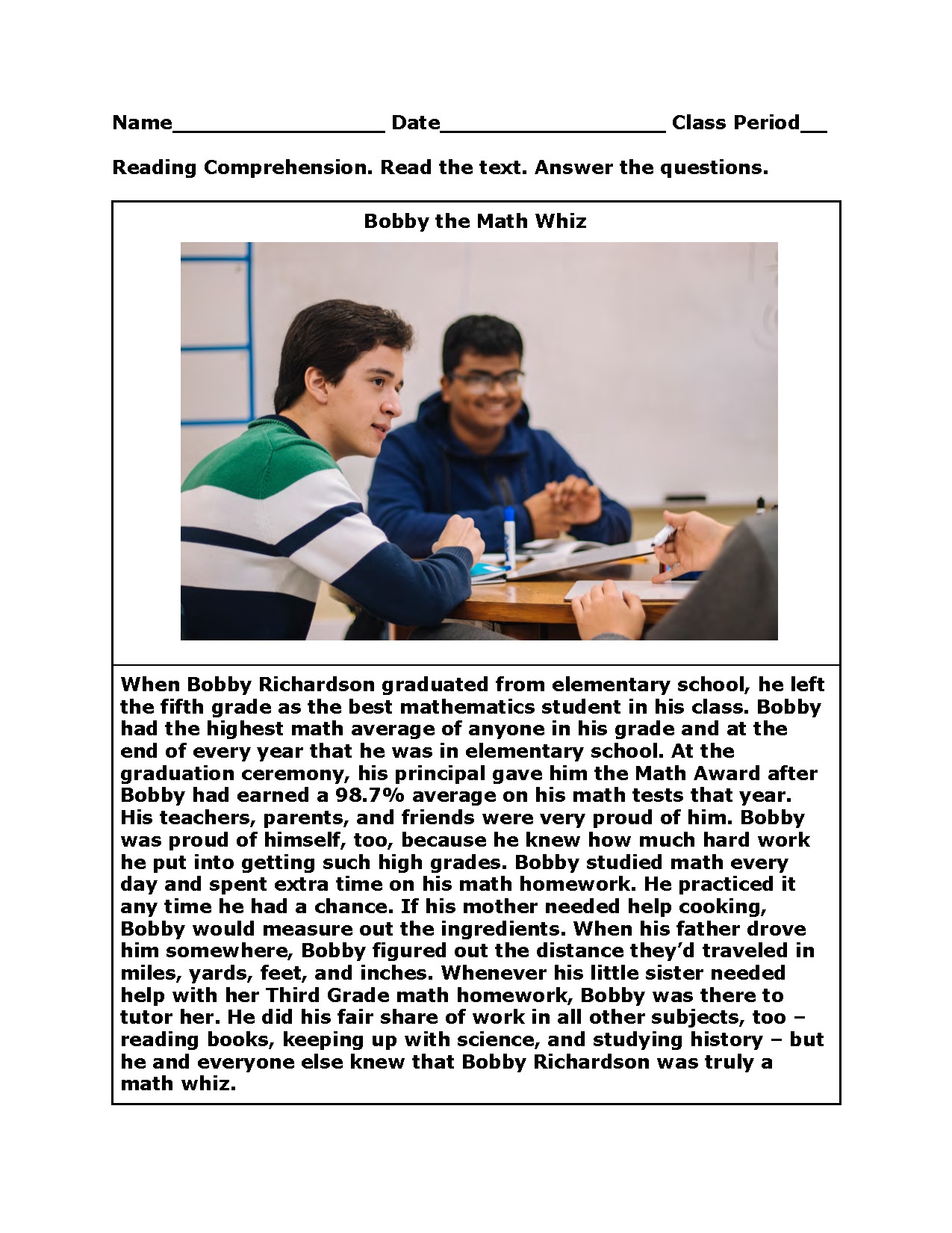 Bobby The Math Whiz Nonfiction Reading Comprehension Questions Worksheet For ELL Made By Teachers