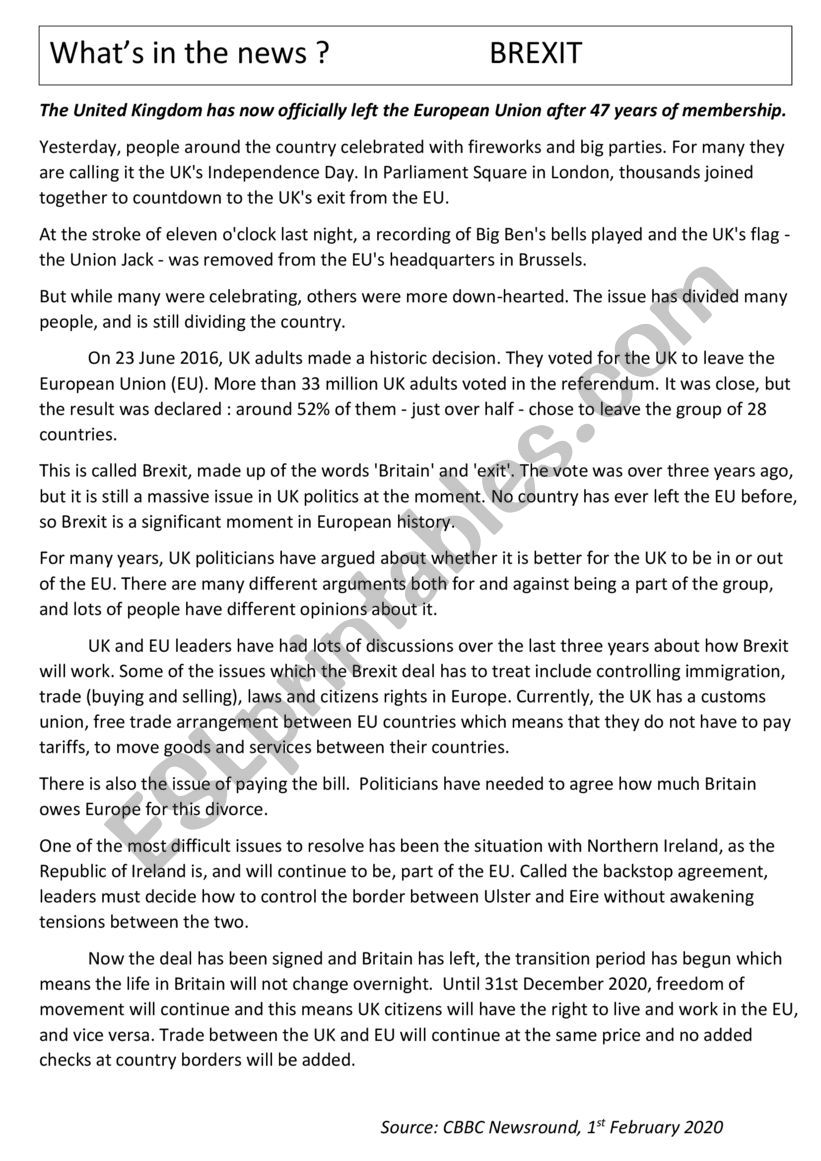 Brexit Reading Comprehension ESL Worksheet By Plabrosse