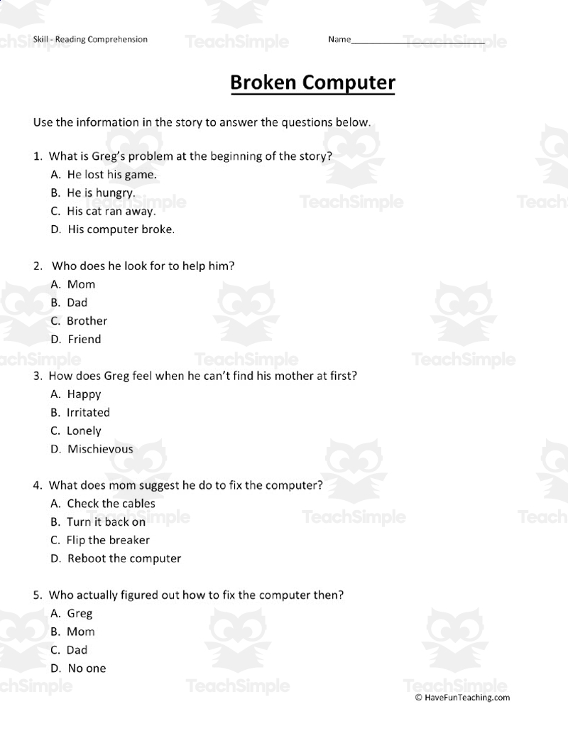 Computer Reading Comprehension Worksheets