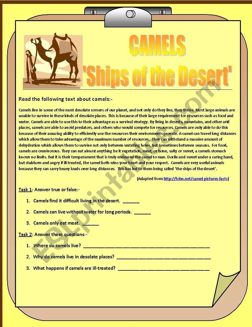 Camels Ships Of The Desert A Reading Comprehension ESL Worksheet By Mws1911