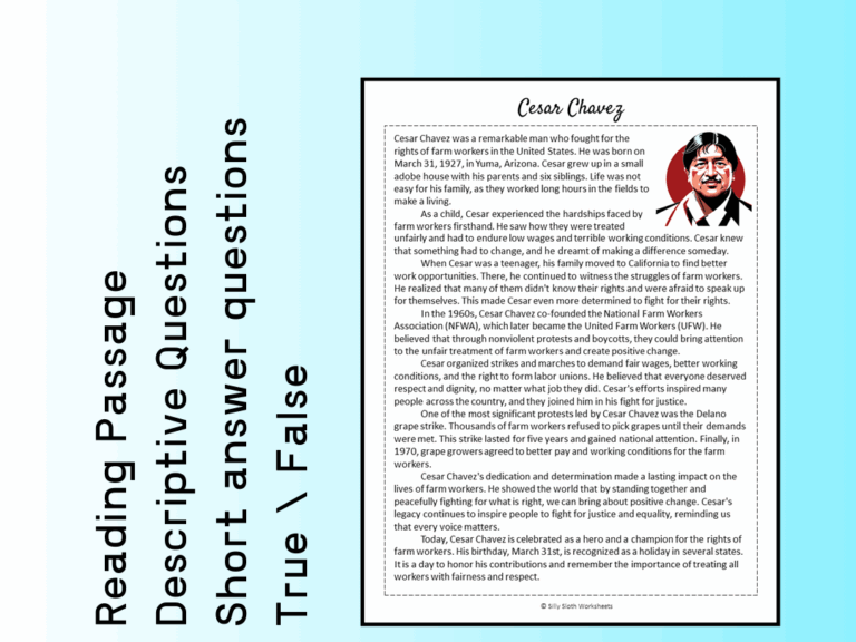 Cesar Chavez Biography Reading Comprehension Passage Printable Worksheet PDF Teaching Resources