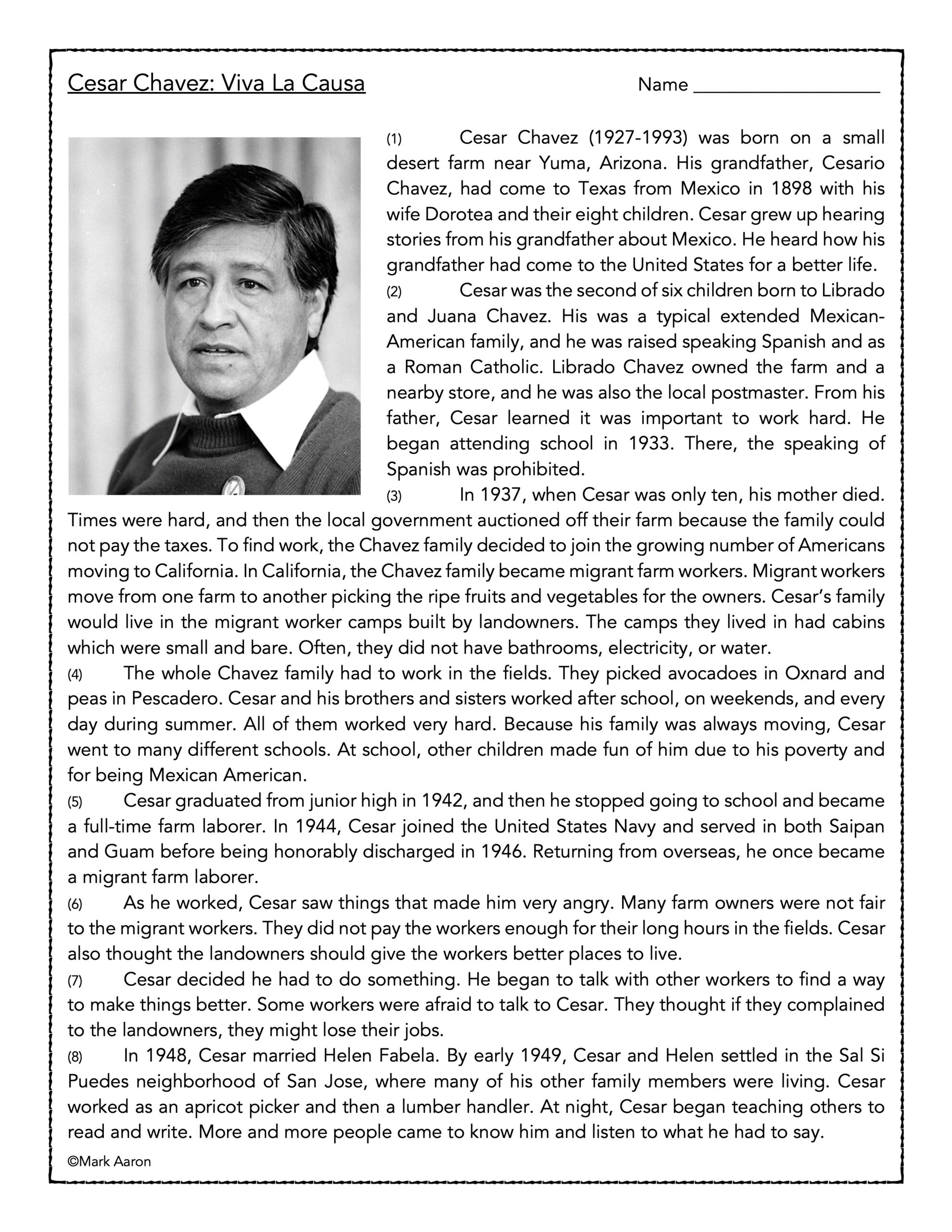 Cesar Chavez Reading Comprehension Biography And Assessment Classful