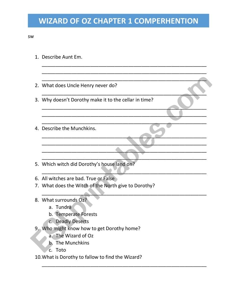 Wizard Of Oz Reading Comprehension Worksheets