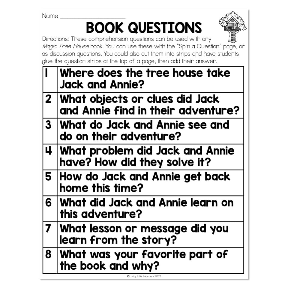 Chapter Book Companion Magic Tree House Book Questions Lucky Little Learners
