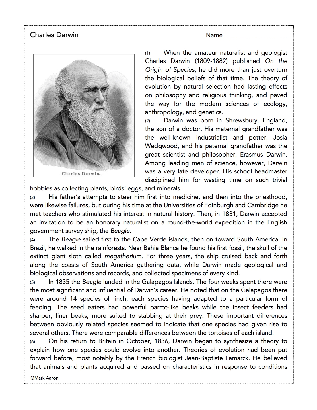 Charles Darwin Reading Comprehension Passage And Assessment Classful