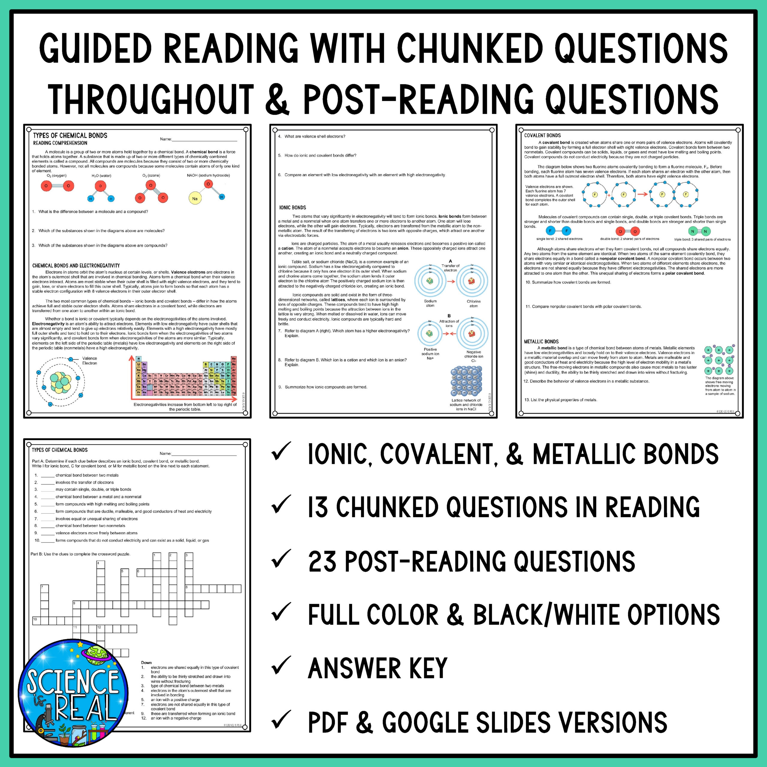 Chemical Bonds Guided Reading Comprehension Ionic Covalent U0026 Metallic Classful