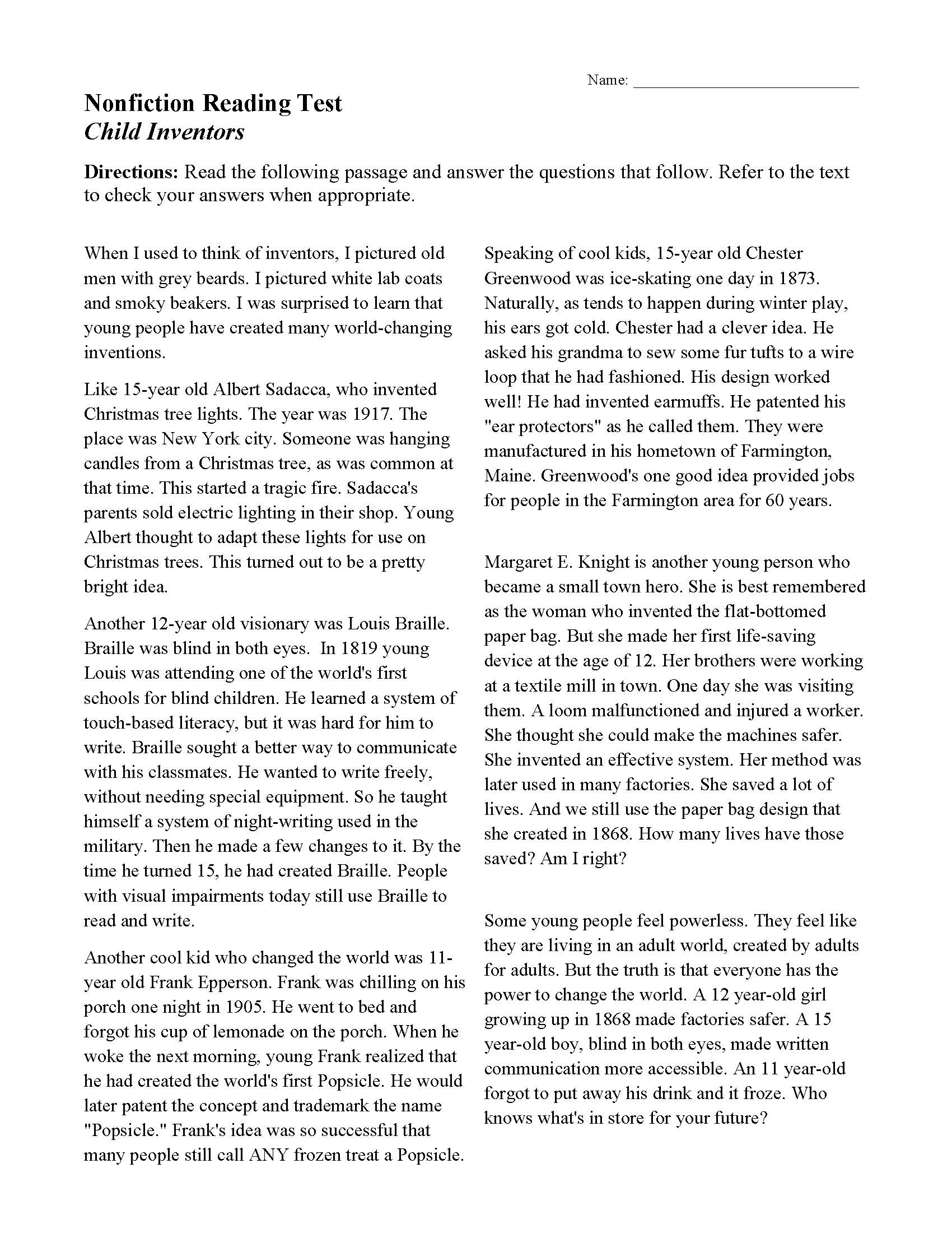 Inventions Reading Comprehension Worksheets Pdf