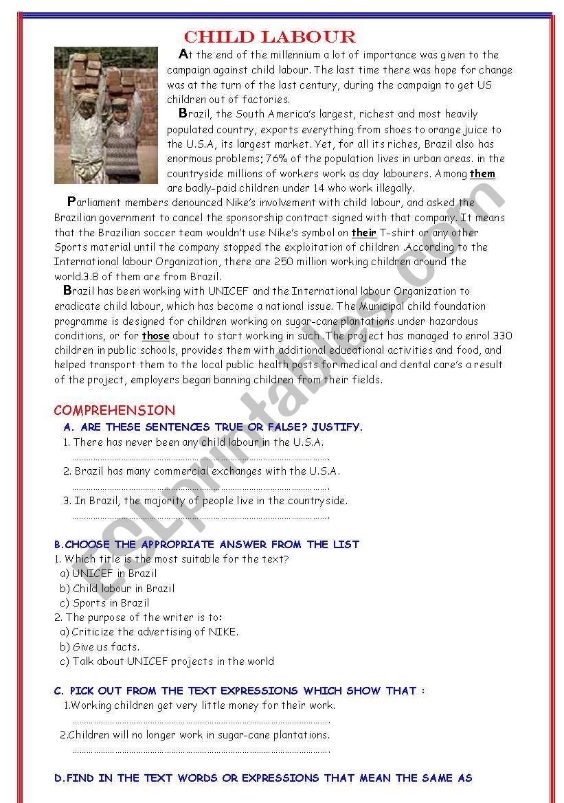 Child Labor ESL Worksheet By L Habach