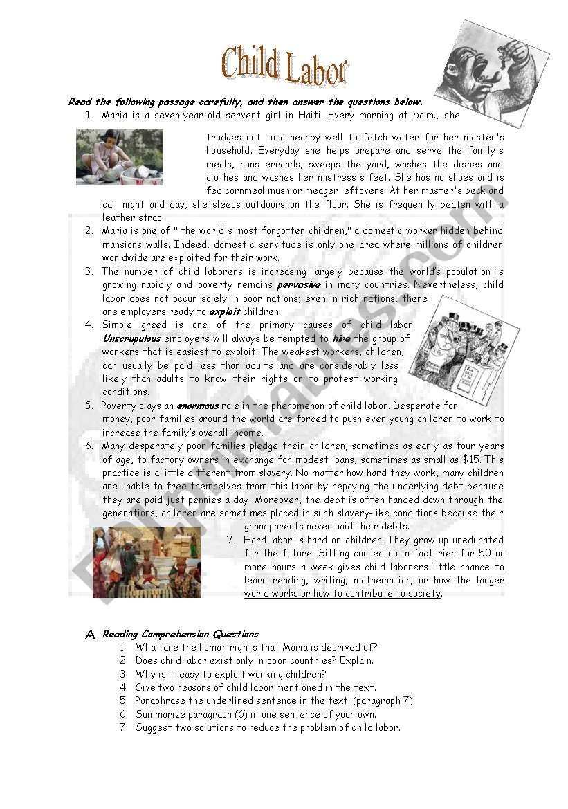 Child Labor Today Reading Comprehension Worksheets Industrial 