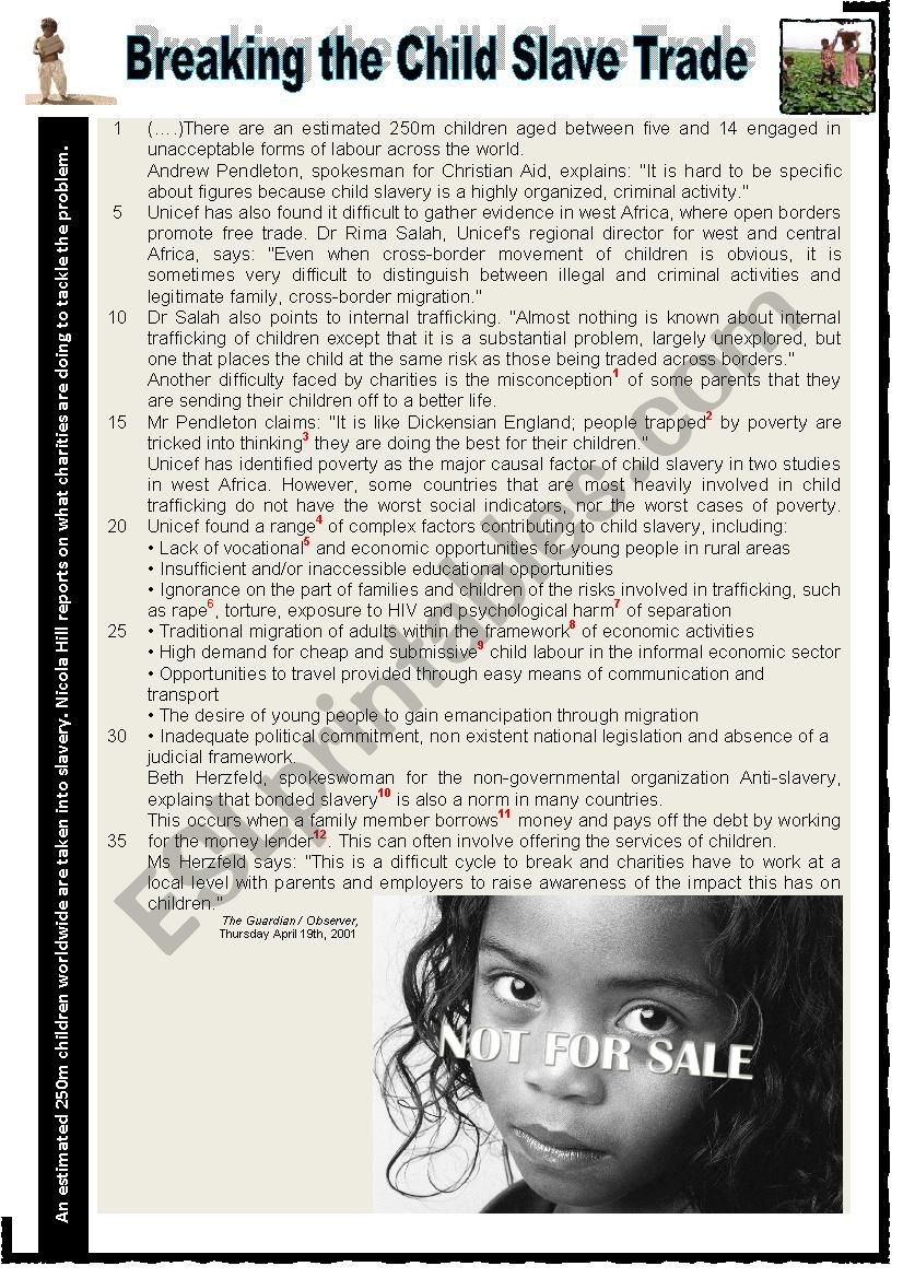 Child Labour Breaking The Child Slave Trade Reading Comprehension Questions Writing ESL Worksheet By Karagozian