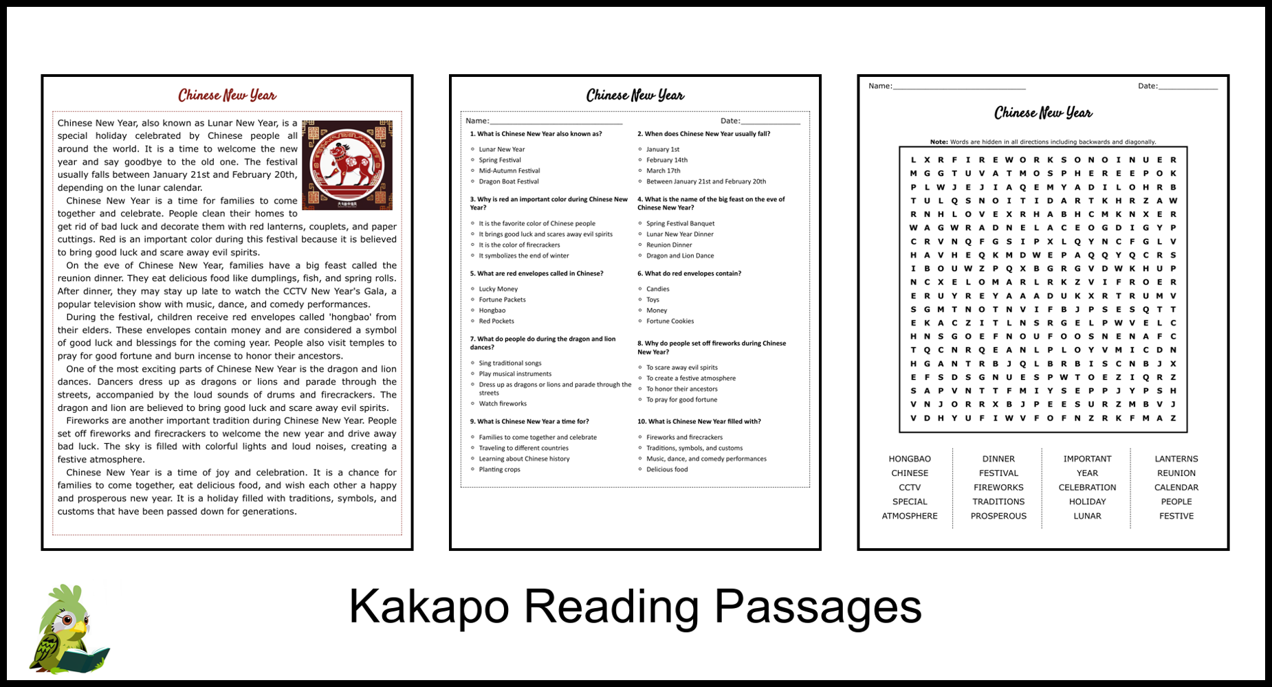 Chinese New Year Reading Comprehension And Word Search Teaching Resources