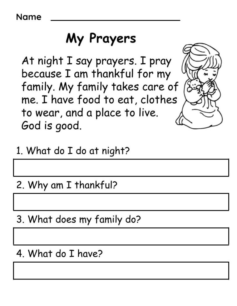 Christian Reading Comprehension Worksheet 1 Prayer God Grade