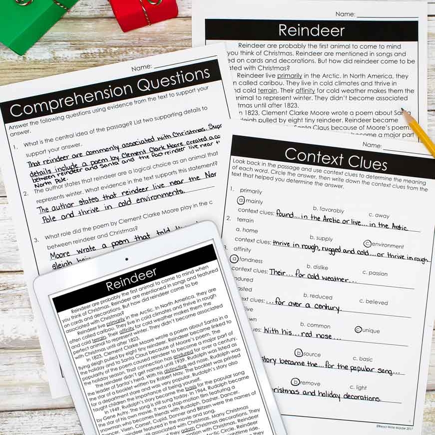 Christmas Activities Comprehension For Middle School Read Write 