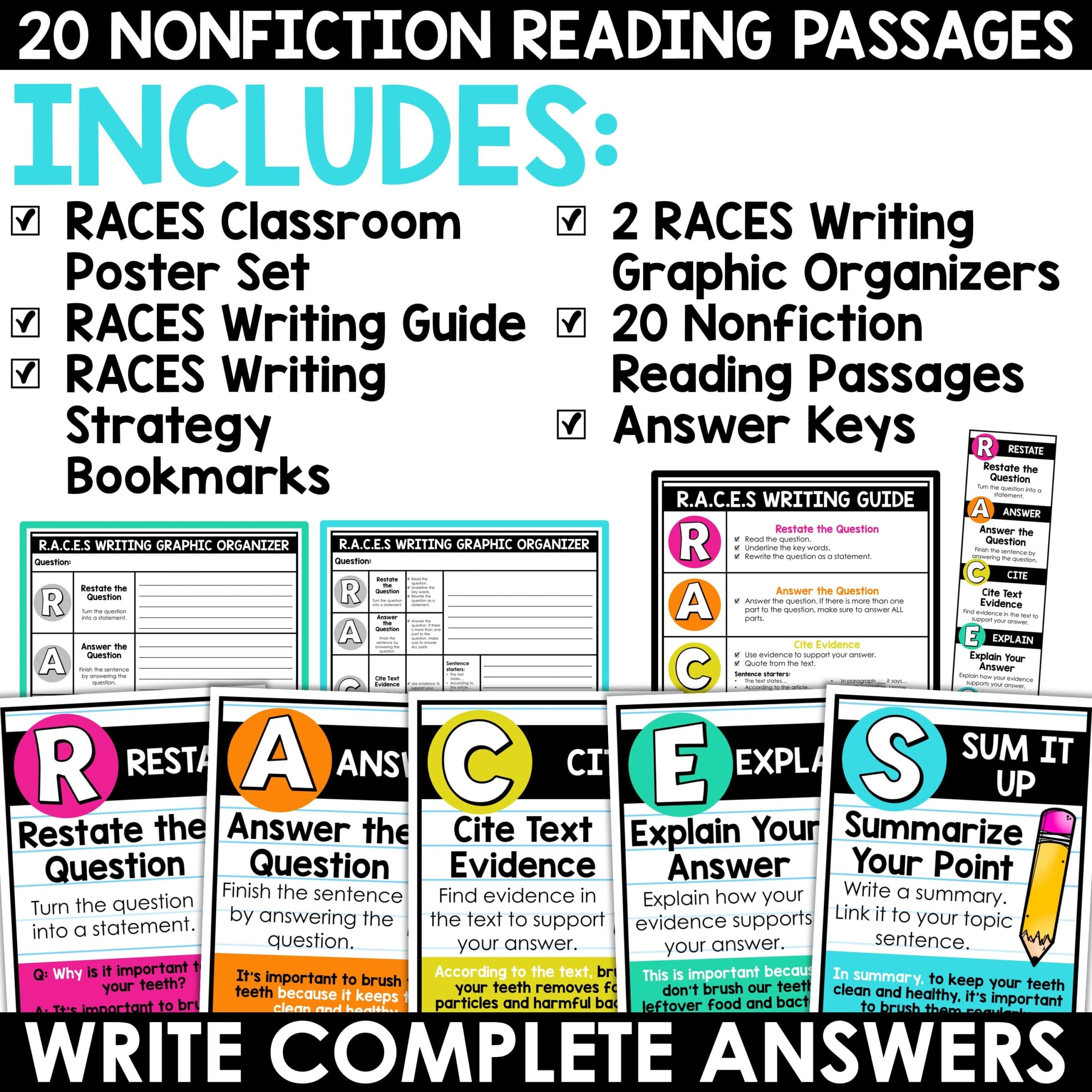Citing Text Evidence Worksheets Reading Passages RACES Writing 