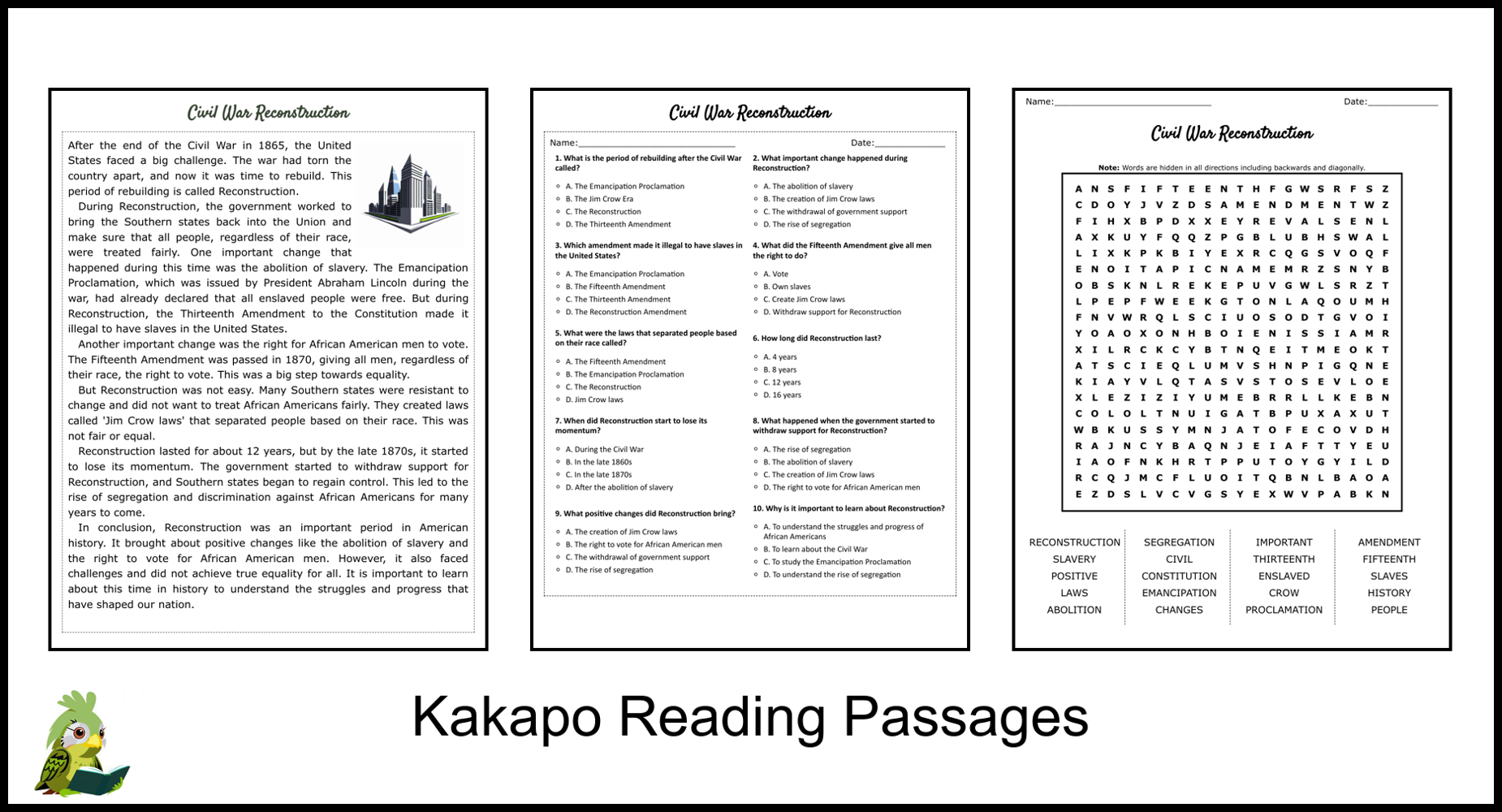 Civil War Reconstruction Reading Comprehension And Word Search 