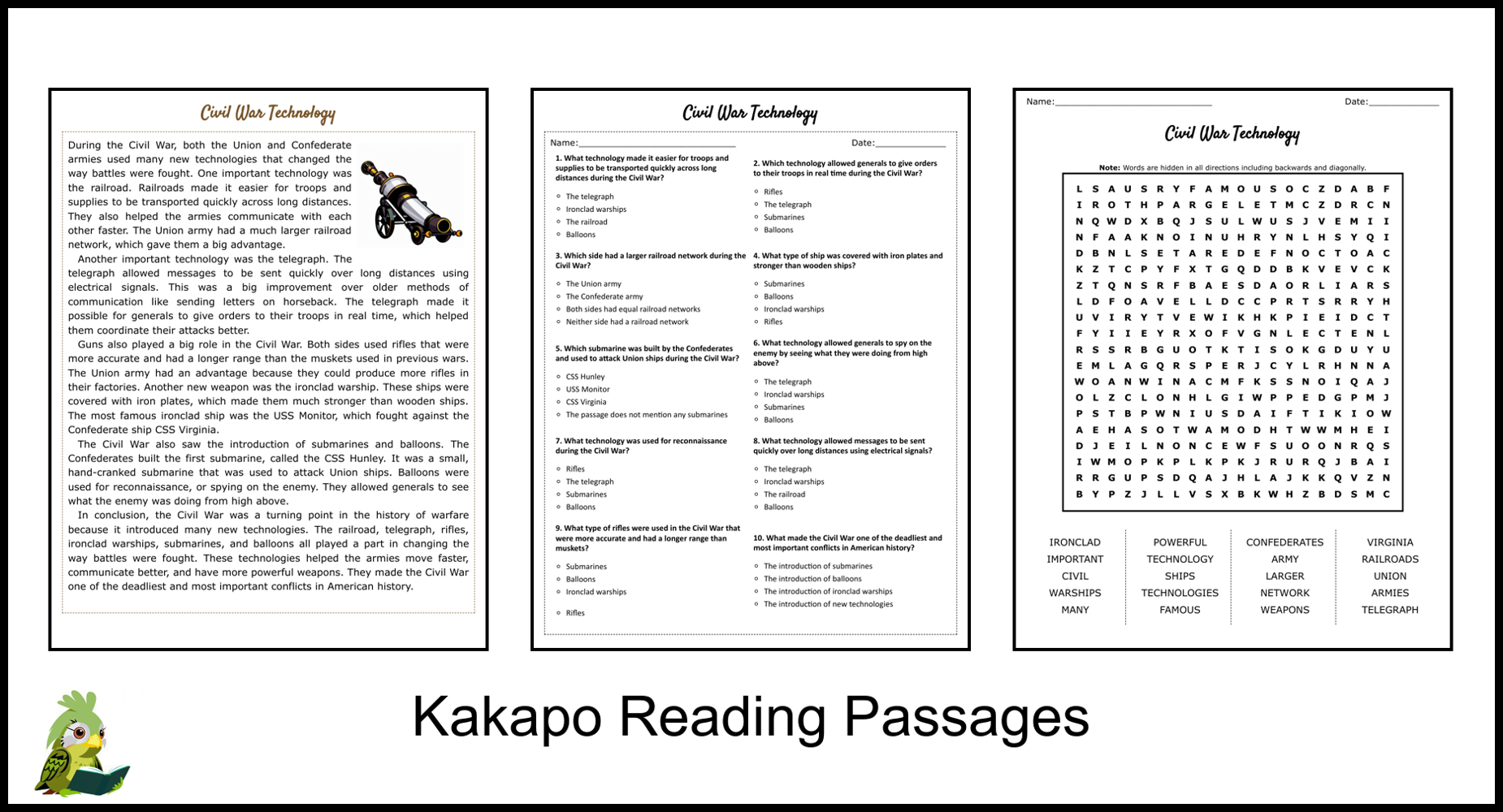 Civil War Technology Reading Comprehension And Word Search Teaching Resources