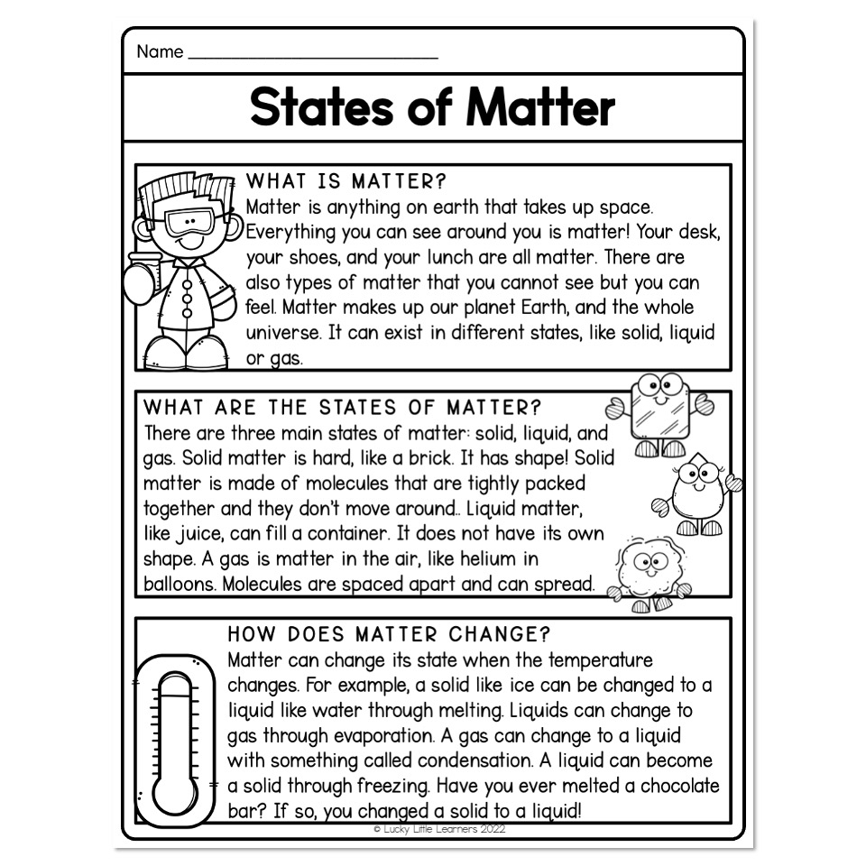 States Of Matter Reading Comprehension Worksheet