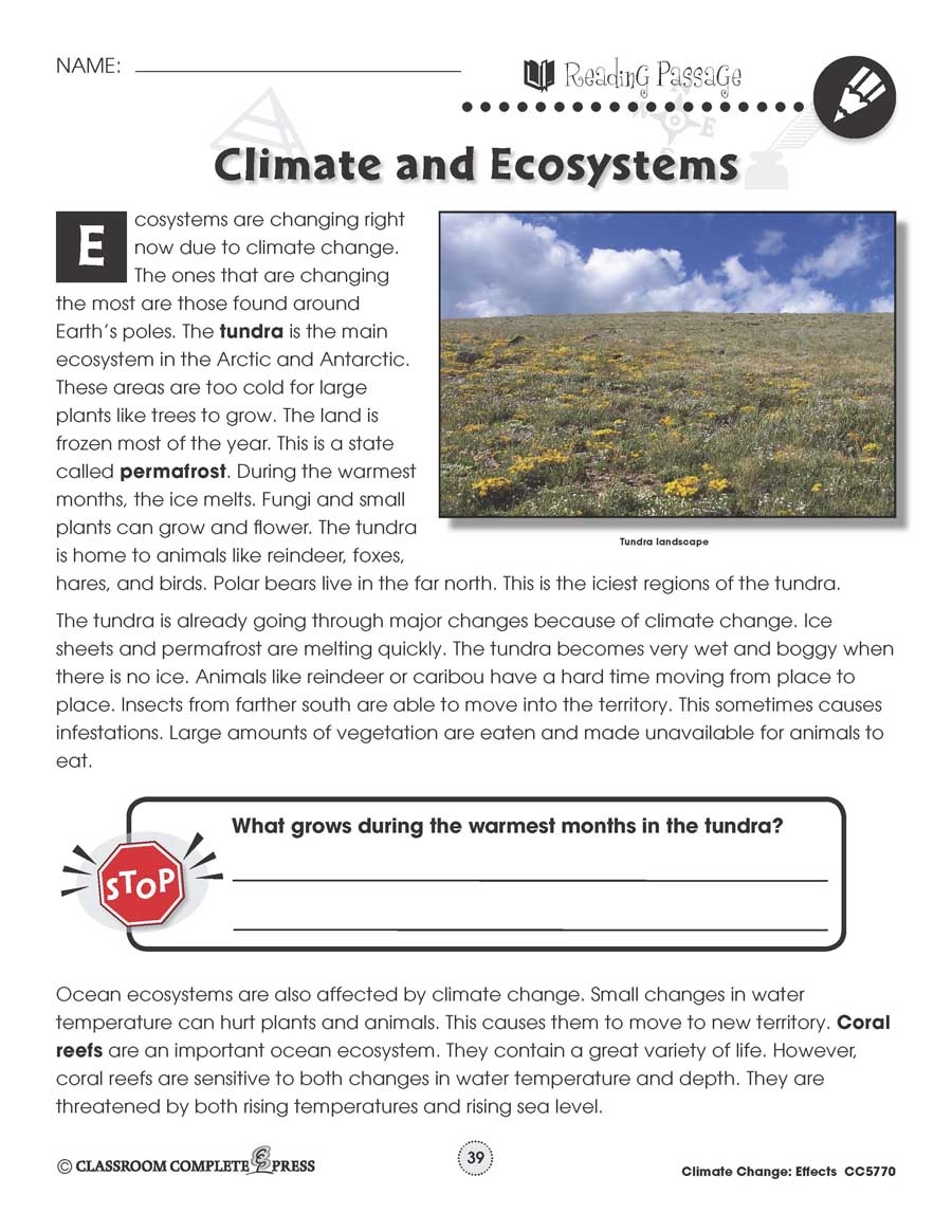 Climate Change Effects Climate And Ecosystems Reading Passage Worksheets Library