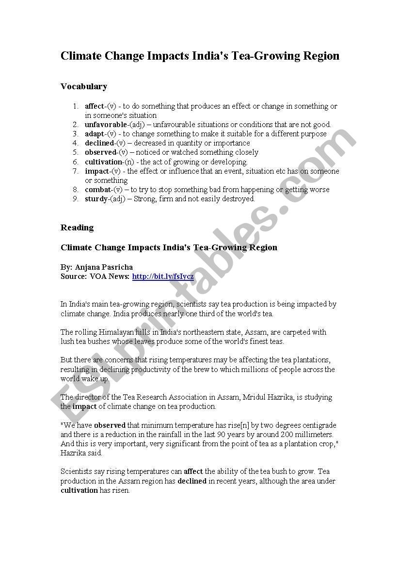 Climate Change Reading Comprehension Worksheet