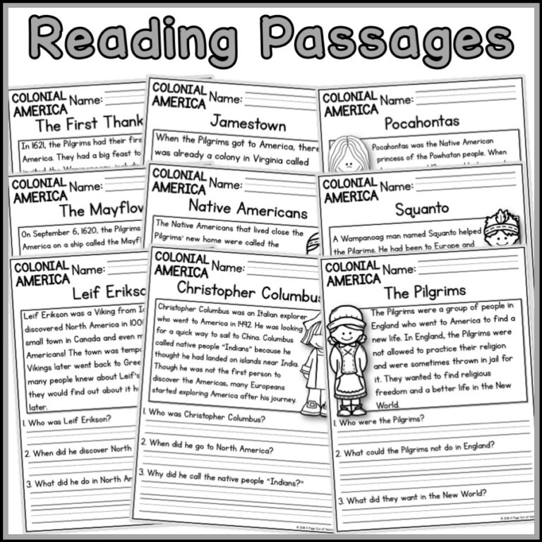 Colonial America Social Studies Reading Comprehension Passages K 2