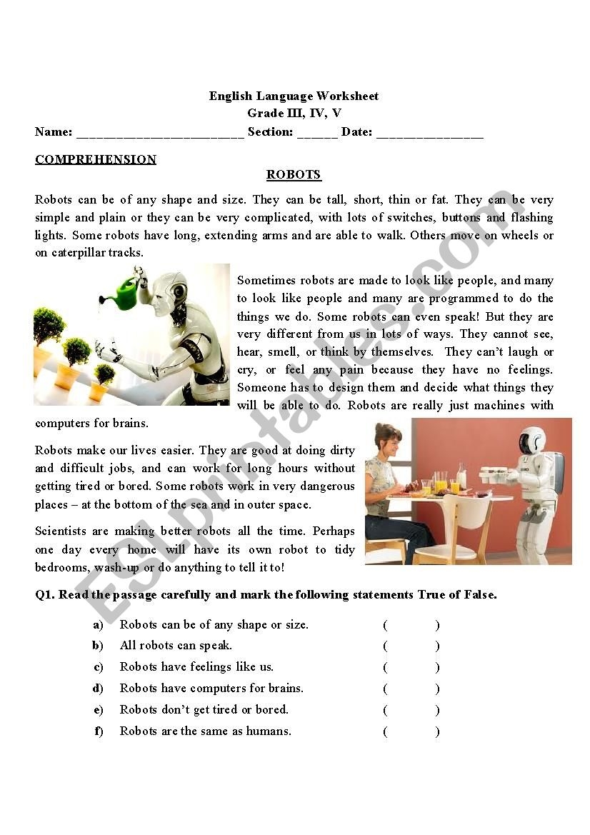 Comprehension About ROBOTS ESL Worksheet By Mariajane