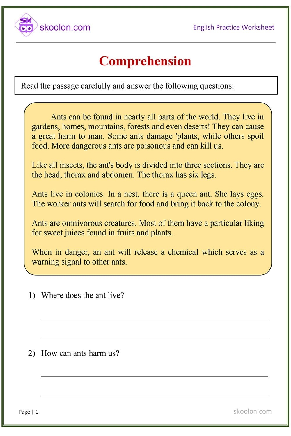 Comprehension Ants Skoolon