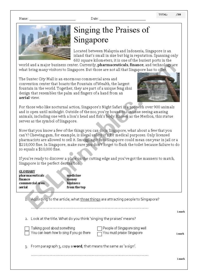 Comprehension Singing The Praises Of Singapore ESL Worksheet By Skhan812 live co uk